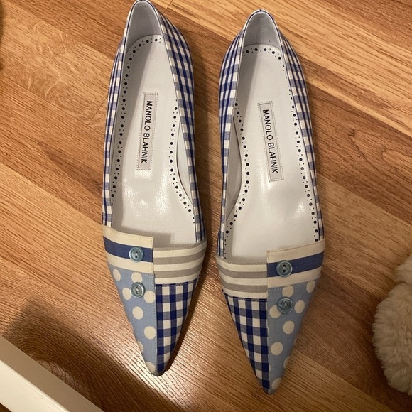 Manolo Blahnik / Tetuana RARE Mixed Print gingham Ballerina Flats 36.5 - Picture 3 of 6